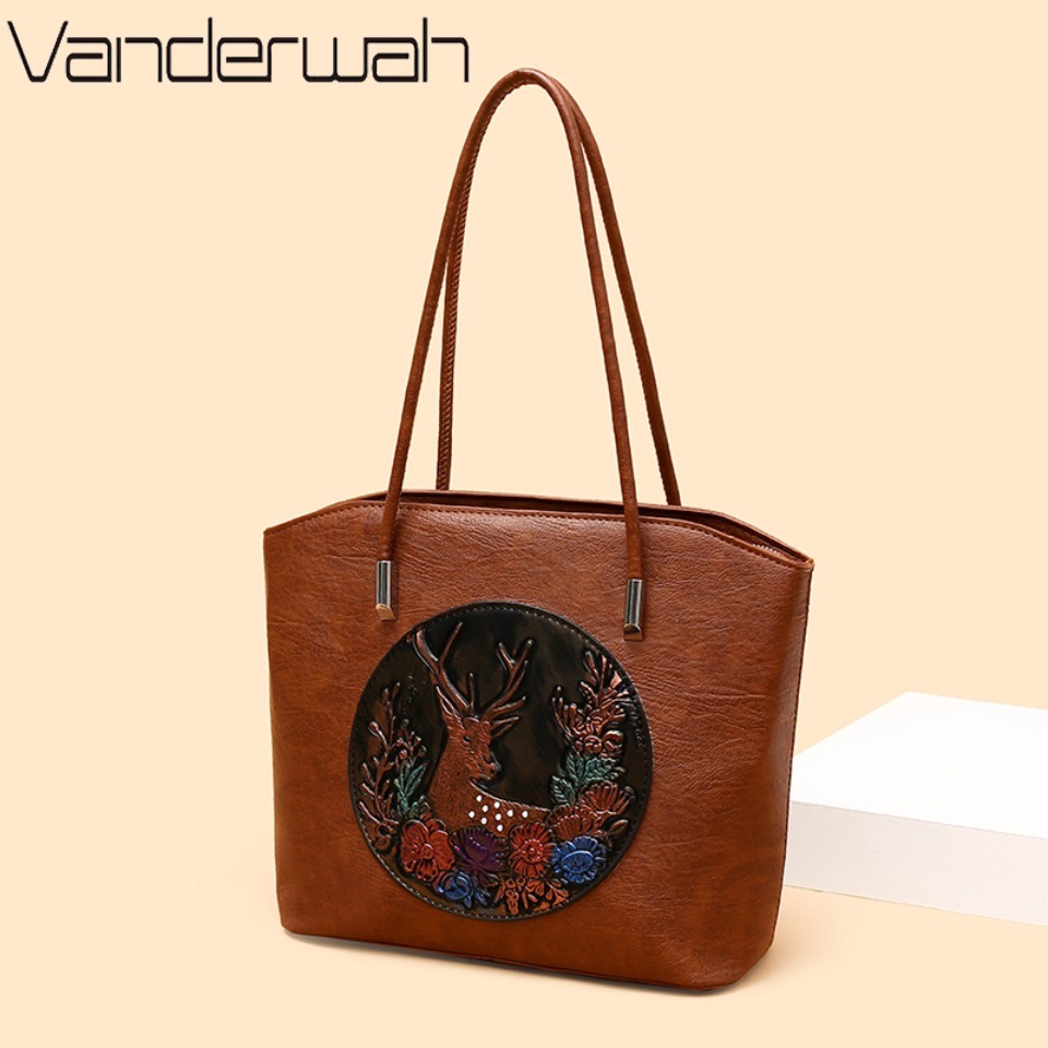Leatherwork Embossing - Women Vintage Embossed Deer Floral Tote